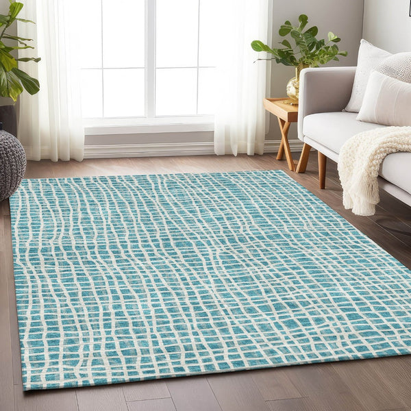 HomeRoots 10' X 14' Teal And Ivory Striped Area Rug – Washable, UV Protected, Durable & Stain Resistant Design 661695