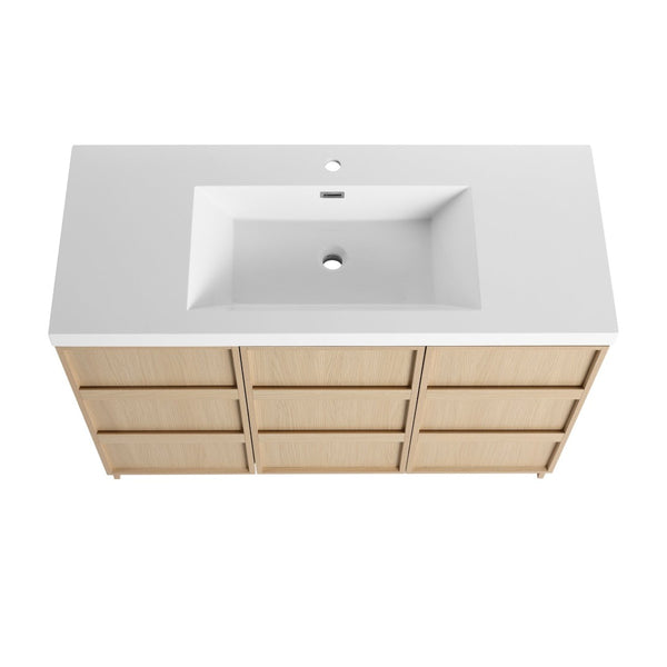 English Elm 48" Floating Bathroom Vanity Dual Ceramic Vessel Sinks Oak Finish Soft Close Doors W999S00511