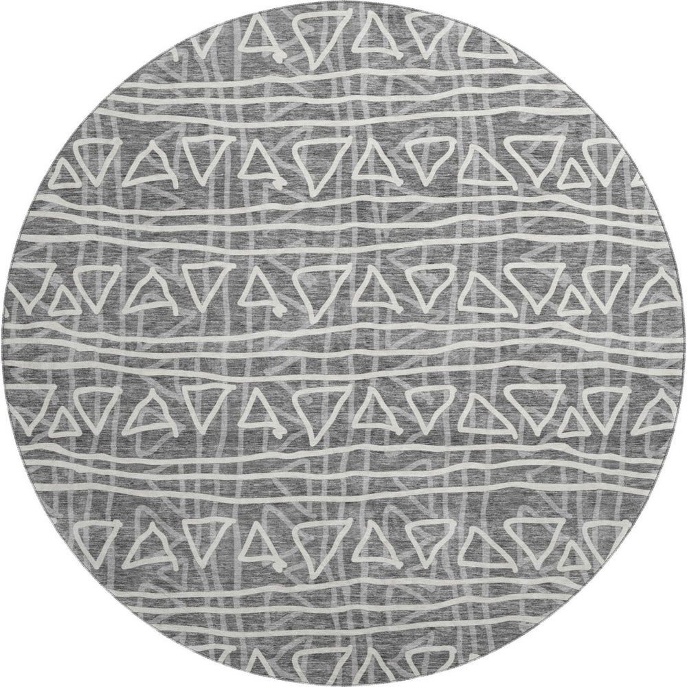 HomeRoots 8' Charcoal Geometric Round Rug - Washable, UV Protected, Stylish & Durable for High-Traffic Areas 661704