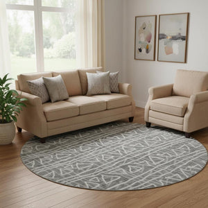 HomeRoots 8' Charcoal Geometric Round Rug - Washable, UV Protected, Stylish & Durable for High-Traffic Areas 661704