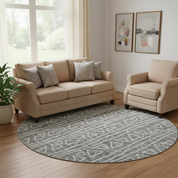 HomeRoots 8' Charcoal Geometric Round Rug - Washable, UV Protected, Stylish & Durable for High-Traffic Areas 661704