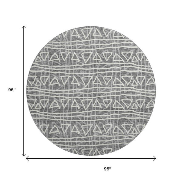HomeRoots 8' Charcoal Geometric Round Rug - Washable, UV Protected, Stylish & Durable for High-Traffic Areas 661704