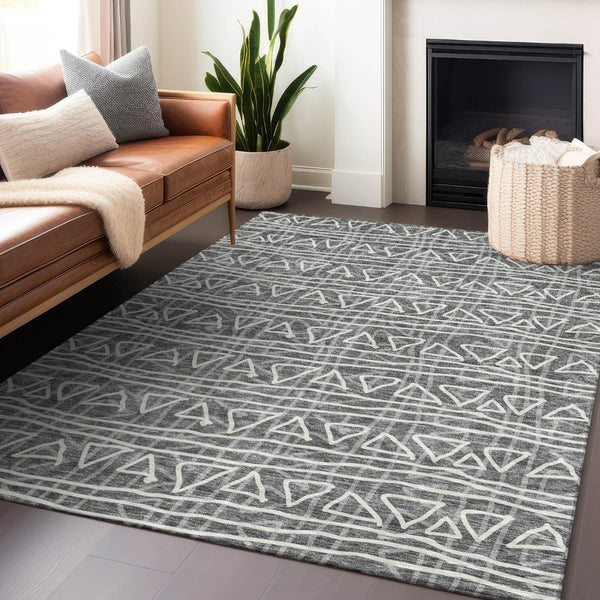 HomeRoots 10' Charcoal and Ivory Geometric Area Rug – Stylish, Washable, UV-Protected for Busy Homes 661707