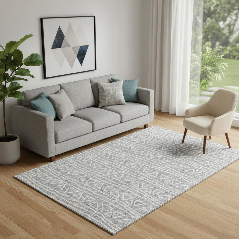 HomeRoots 5' X 8' Gray And Silver Geometric Area Rug - Washable, UV-Protected, Durable Design for Modern Homes 661715