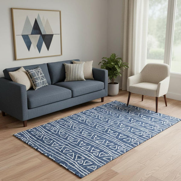 HomeRoots 5' X 8' Navy Blue & Ivory Geometric Area Rug - Washable, UV Protected, Stain Resistant, Modern Design 661739