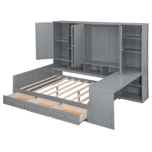 English Elm Full Size Wooden Daybed With Desk, Drawers, Shelves – Stylish Space-Saving Solution In Gray! N820S00055E