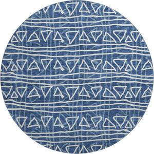 HomeRoots 8' Navy Blue & Ivory Geometric Round Rug - Washable, UV-Protected, Perfect for High-Traffic Areas! 661740