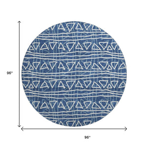 HomeRoots 8' Navy Blue & Ivory Geometric Round Rug - Washable, UV-Protected, Perfect for High-Traffic Areas! 661740