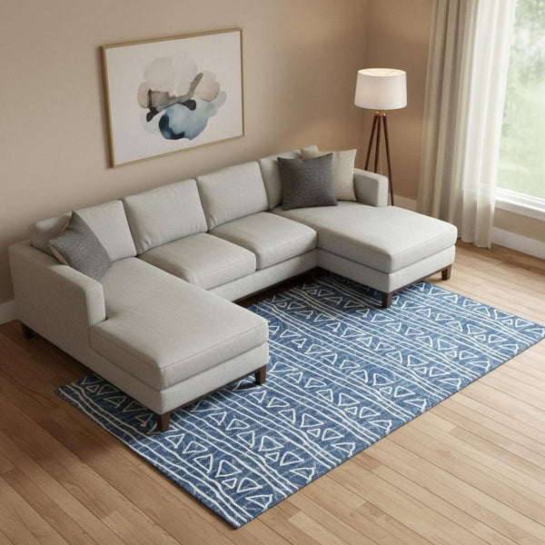 HomeRoots 8' X 10' Stylish Navy Blue & Ivory Geometric Washable Area Rug with UV Protection for Everyday Use 661741