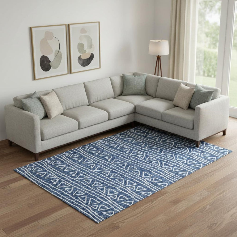 HomeRoots 9' X 12' Navy Blue Geometric Area Rug – Washable, Stain Resistant, UV Protected & Perfect for Homes 661742