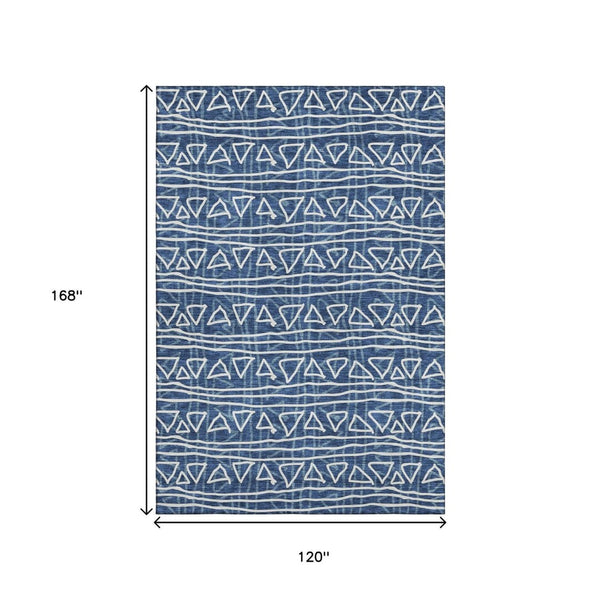 HomeRoots 10' X 14' Navy Blue & Ivory Geometric Area Rug - Washable, UV Protected, Perfect for High-Traffic Spaces 661743