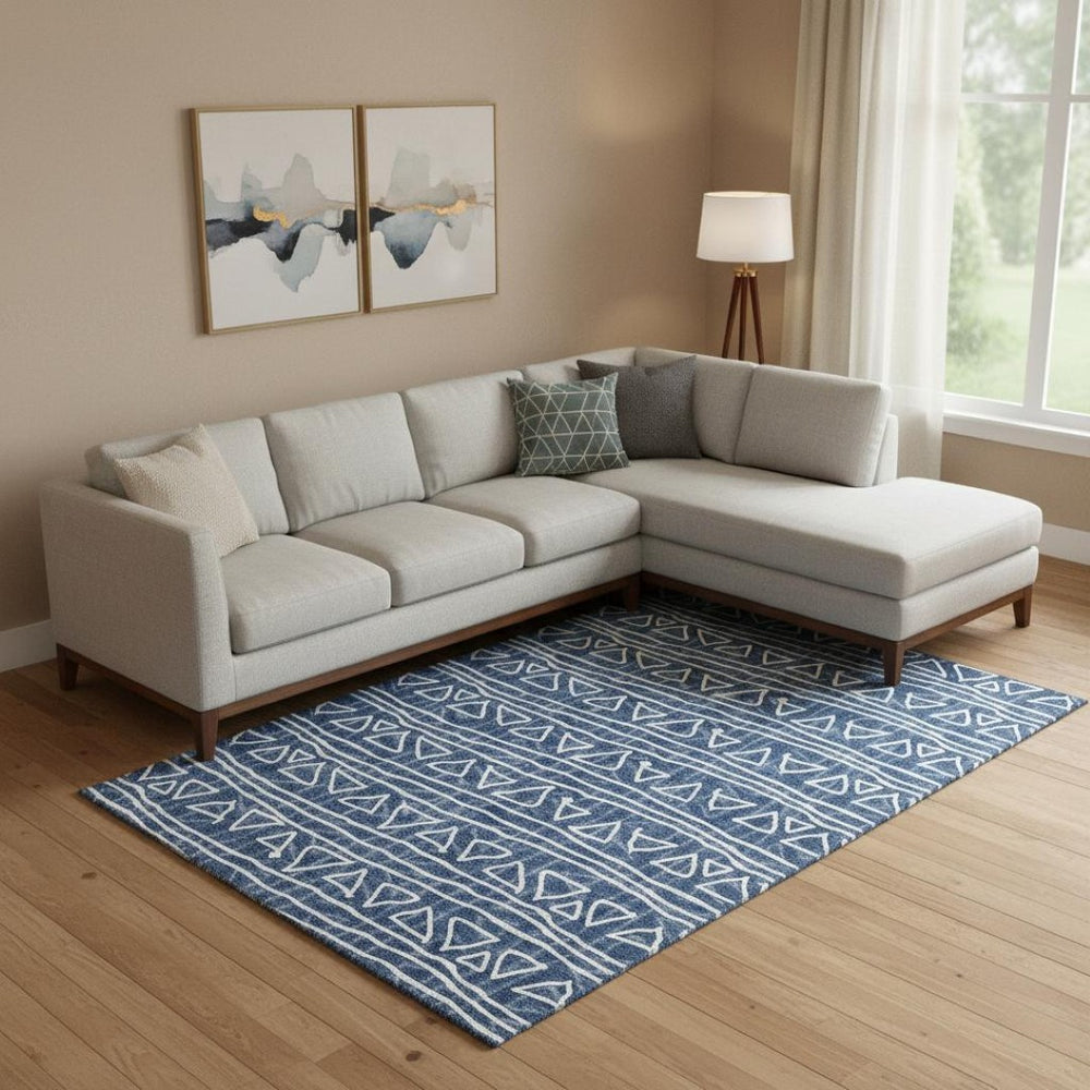 HomeRoots 10' X 14' Navy Blue & Ivory Geometric Area Rug - Washable, UV Protected, Perfect for High-Traffic Spaces 661743