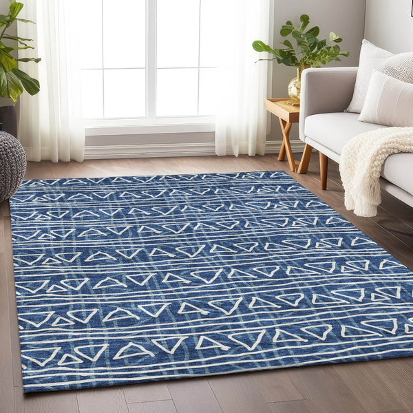 HomeRoots 10' X 14' Navy Blue & Ivory Geometric Area Rug - Washable, UV Protected, Perfect for High-Traffic Spaces 661743