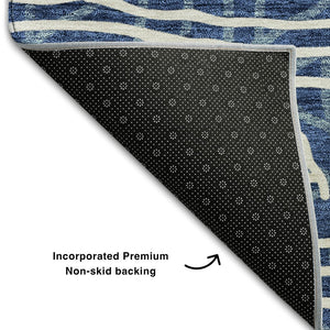 HomeRoots 10' X 14' Navy Blue & Ivory Geometric Area Rug - Washable, UV Protected, Perfect for High-Traffic Spaces 661743