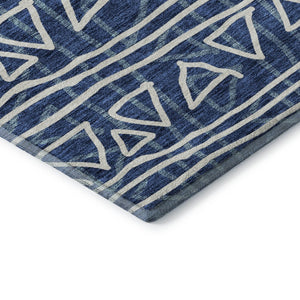 HomeRoots 10' X 14' Navy Blue & Ivory Geometric Area Rug - Washable, UV Protected, Perfect for High-Traffic Spaces 661743