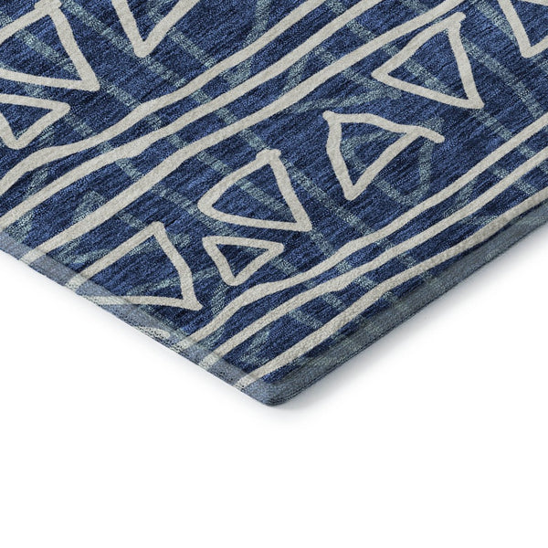 HomeRoots 10' X 14' Navy Blue & Ivory Geometric Area Rug - Washable, UV Protected, Perfect for High-Traffic Spaces 661743