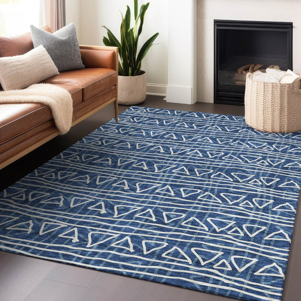 HomeRoots 10' X 14' Navy Blue & Ivory Geometric Area Rug - Washable, UV Protected, Perfect for High-Traffic Spaces 661743