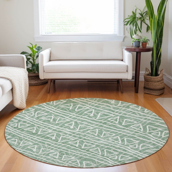 HomeRoots 8' Sage and Ivory Geometric Round Rug - Stylish, Washable, UV-Protected for Homes with Kids & Pets 661752
