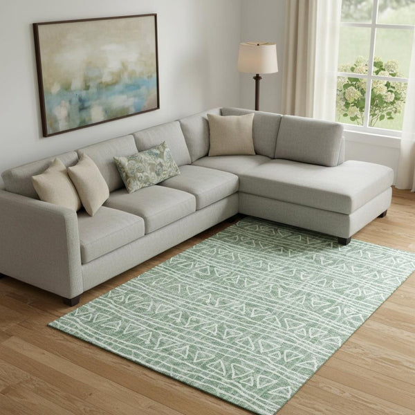 HomeRoots 8' X 10' Sage And Ivory Geometric Area Rug - Washable, UV Protected, Soft Polyester for Daily Use 661753