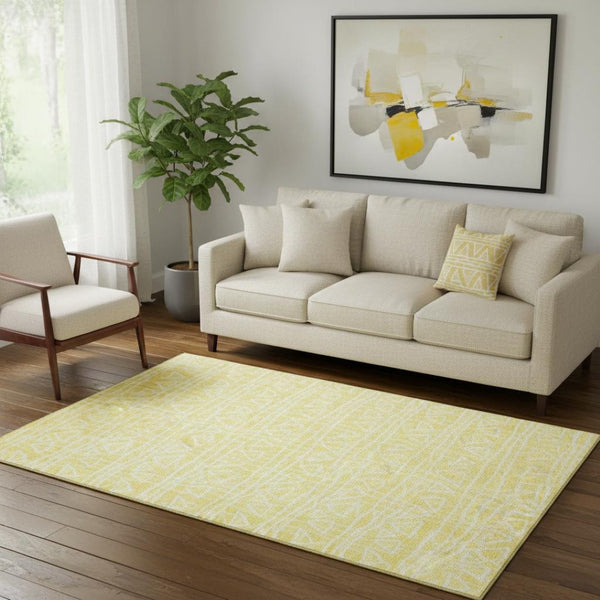 HomeRoots 5' X 8' Washable Yellow & Ivory Geometric Area Rug with UV Protection for Modern Home Décor 661775