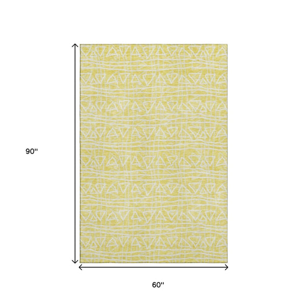 HomeRoots 5' X 8' Washable Yellow & Ivory Geometric Area Rug with UV Protection for Modern Home Décor 661775