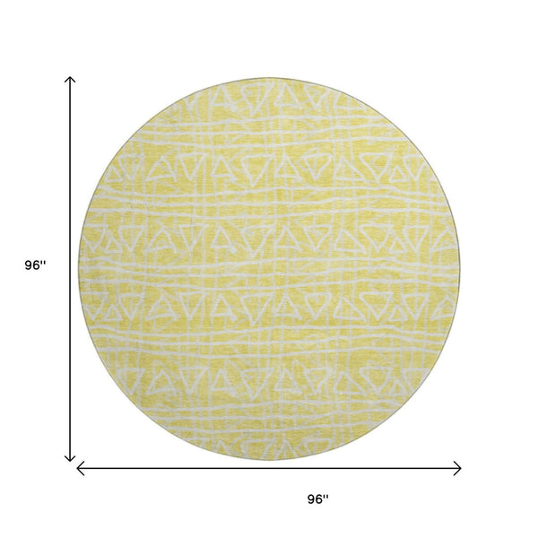 HomeRoots 8' Yellow and Ivory Geometric Round Rug - Washable, UV-Protected, Stylish for High-Traffic Areas 661776