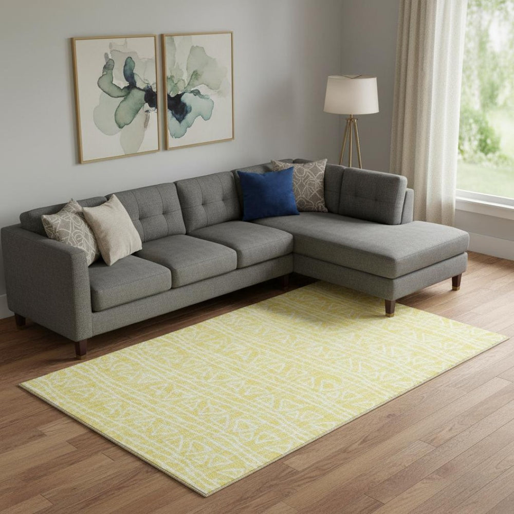 HomeRoots 8' X 10' Vibrant Yellow & Ivory Geometric Area Rug - Washable, UV-Resistant, Perfect for Homes! 661777