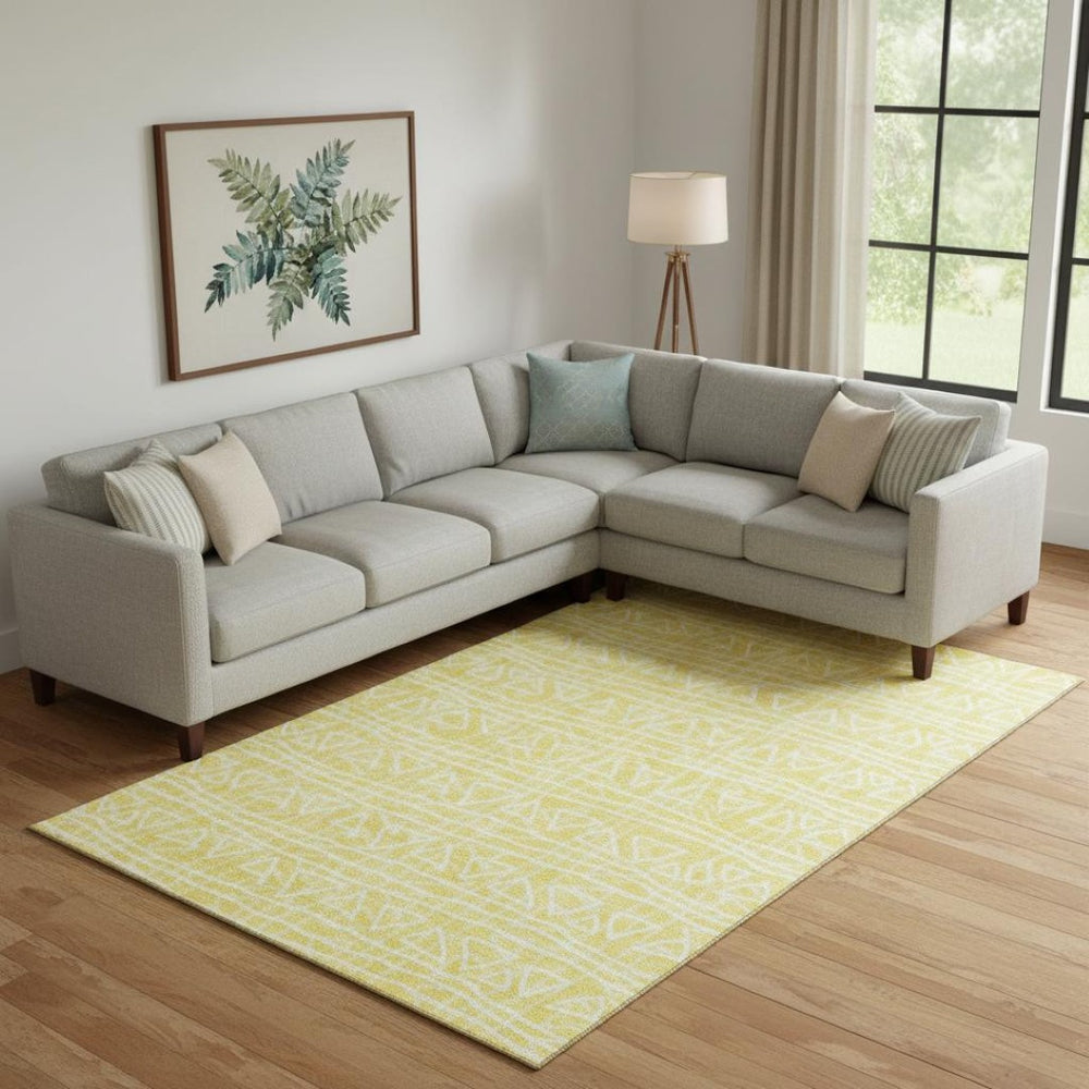 HomeRoots 9' x 12' Yellow and Ivory Geometric Area Rug – Stain-Resistant, UV-Protected, Ideal for Busy Homes 661778