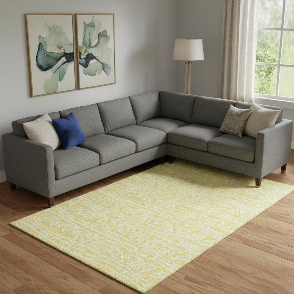 HomeRoots 10' Yellow and Ivory Geometric Area Rug - Durable, Washable with UV Protection for Family Spaces 661779