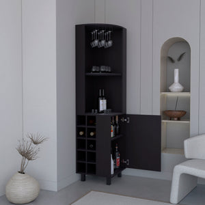 English Elm Kaia Black Corner Bar Cabinet with 4 Shelves, 10 Wine Cubbies, Stemware Rack & Foldable Lock B070S00381