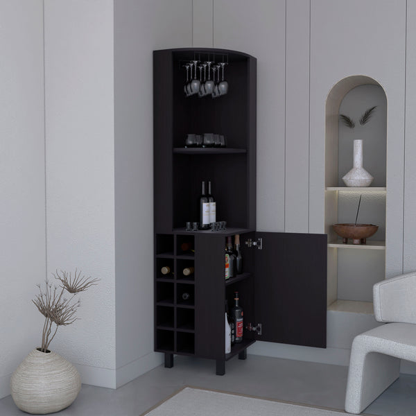 English Elm Kaia Black Corner Bar Cabinet with 4 Shelves, 10 Wine Cubbies, Stemware Rack & Foldable Lock B070S00381