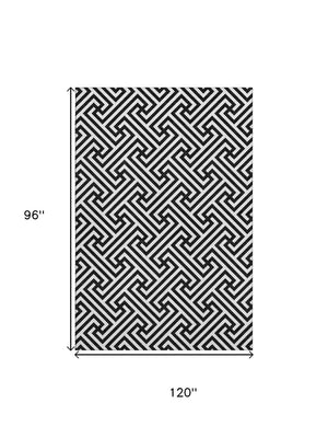 HomeRoots 8' X 10' Black and Ivory Geometric Area Rug – Washable, UV Protected, Stylish for Family Spaces 661783