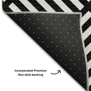 HomeRoots 8' X 10' Black and Ivory Geometric Area Rug – Washable, UV Protected, Stylish for Family Spaces 661783