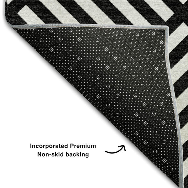 HomeRoots 8' X 10' Black and Ivory Geometric Area Rug – Washable, UV Protected, Stylish for Family Spaces 661783