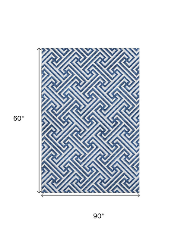 HomeRoots 5' X 8' Blue and Ivory Geometric Washable Area Rug with UV Protection for Modern Homes & Families 661787