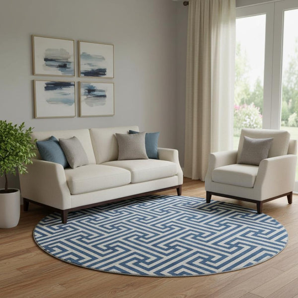 HomeRoots 8' Stylish Blue and Ivory Geometric Round Rug - UV Protected, Washable, Ideal for High-Traffic Areas 661788