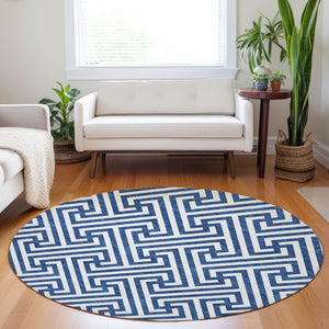 HomeRoots 8' Stylish Blue and Ivory Geometric Round Rug - UV Protected, Washable, Ideal for High-Traffic Areas 661788