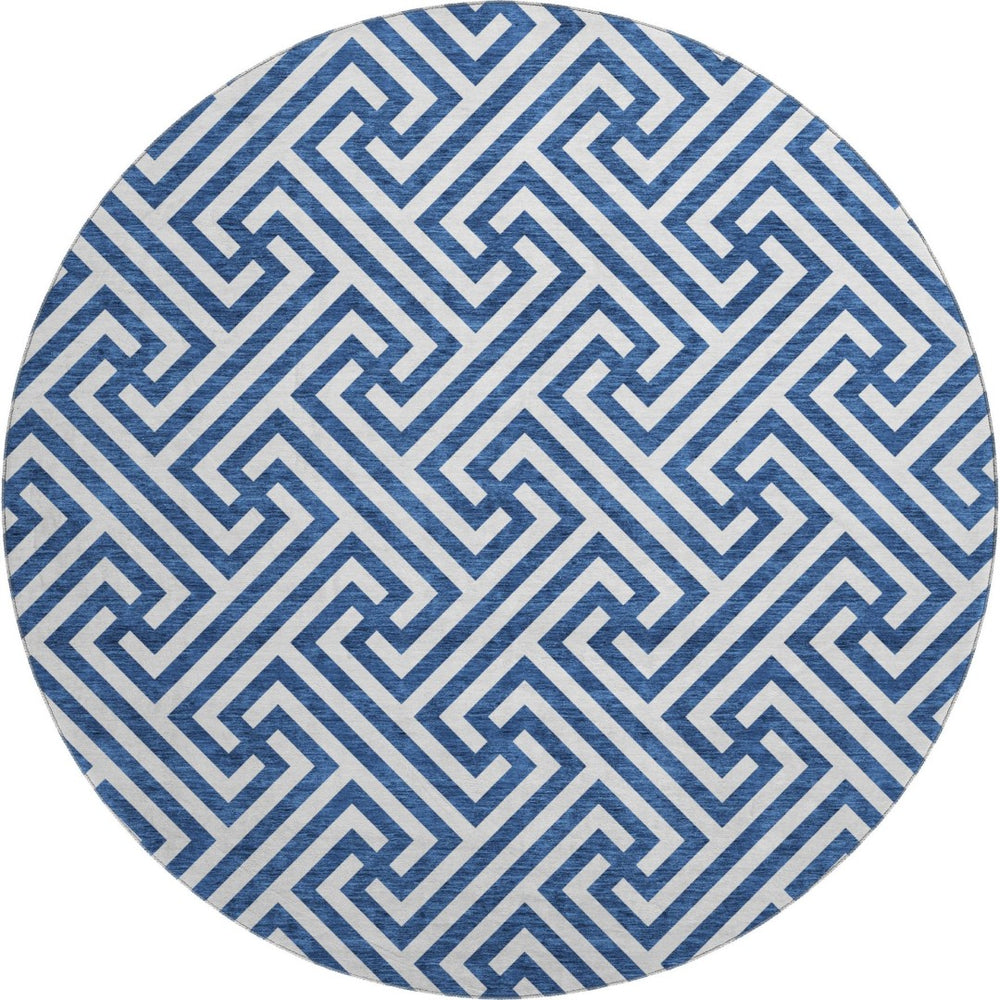 HomeRoots 8' Stylish Blue and Ivory Geometric Round Rug - UV Protected, Washable, Ideal for High-Traffic Areas 661788