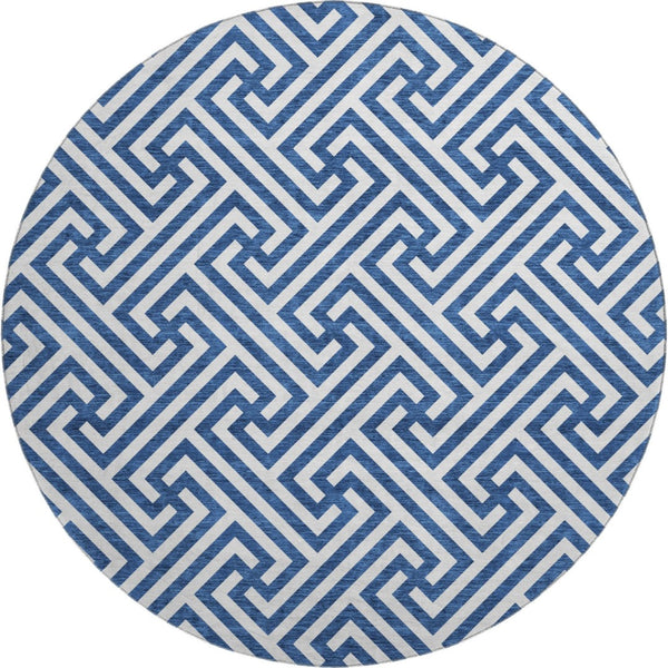 HomeRoots 8' Stylish Blue and Ivory Geometric Round Rug - UV Protected, Washable, Ideal for High-Traffic Areas 661788