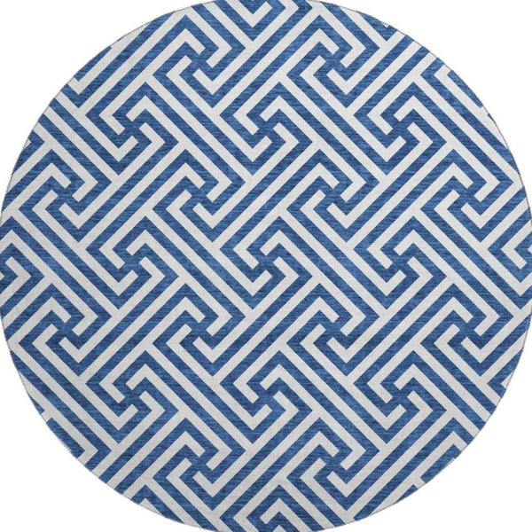 HomeRoots 8' Stylish Blue and Ivory Geometric Round Rug - UV Protected, Washable, Ideal for High-Traffic Areas 661788