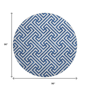 HomeRoots 8' Stylish Blue and Ivory Geometric Round Rug - UV Protected, Washable, Ideal for High-Traffic Areas 661788