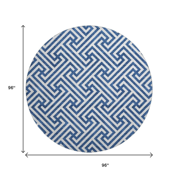 HomeRoots 8' Stylish Blue and Ivory Geometric Round Rug - UV Protected, Washable, Ideal for High-Traffic Areas 661788