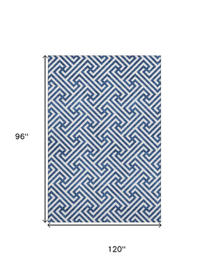 HomeRoots 8' X 10' Blue and Ivory Geometric Area Rug – Washable, UV-Protected, Stain-Resistant for Modern Spaces 661789