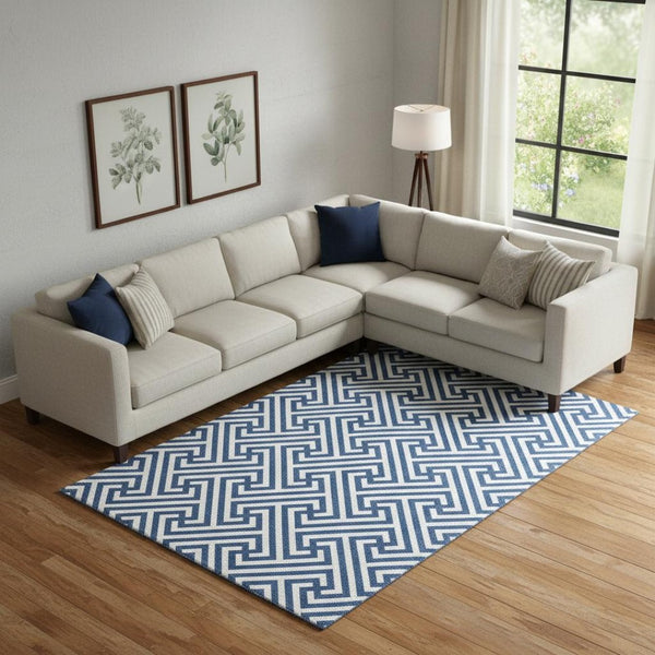 HomeRoots 8' X 10' Blue and Ivory Geometric Area Rug – Washable, UV-Protected, Stain-Resistant for Modern Spaces 661789