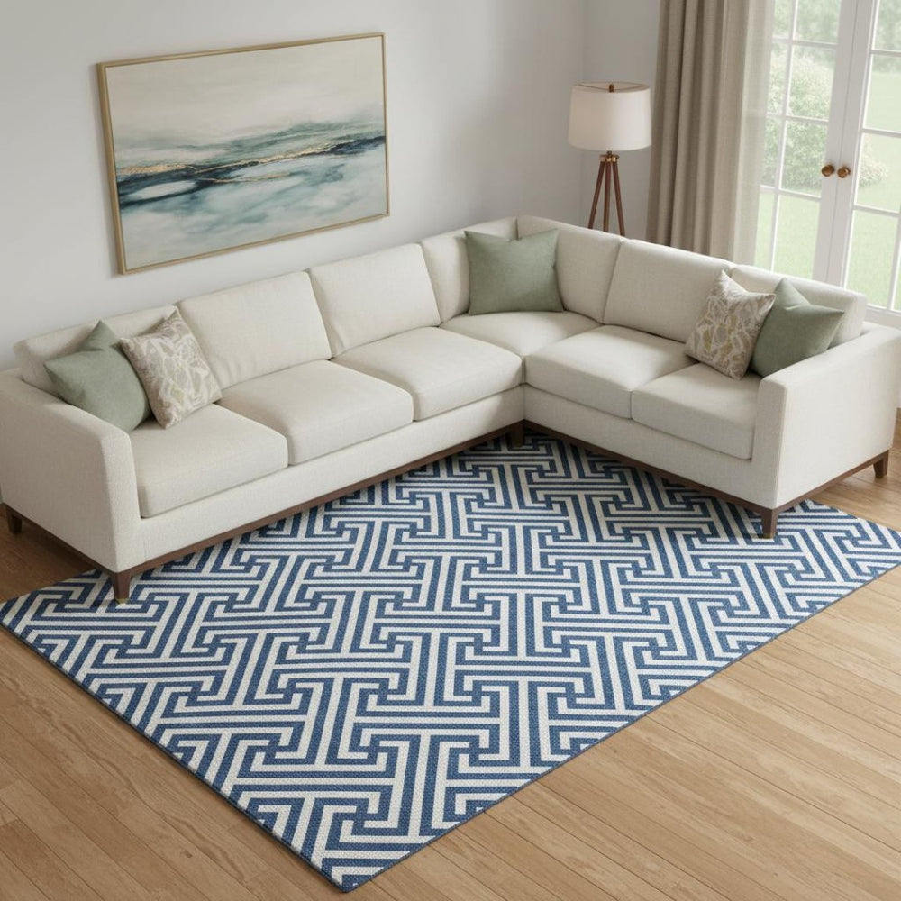HomeRoots 9' X 12' Blue Geometric Area Rug with UV Protection - Stylish, Washable, Durable for Busy Homes 661790