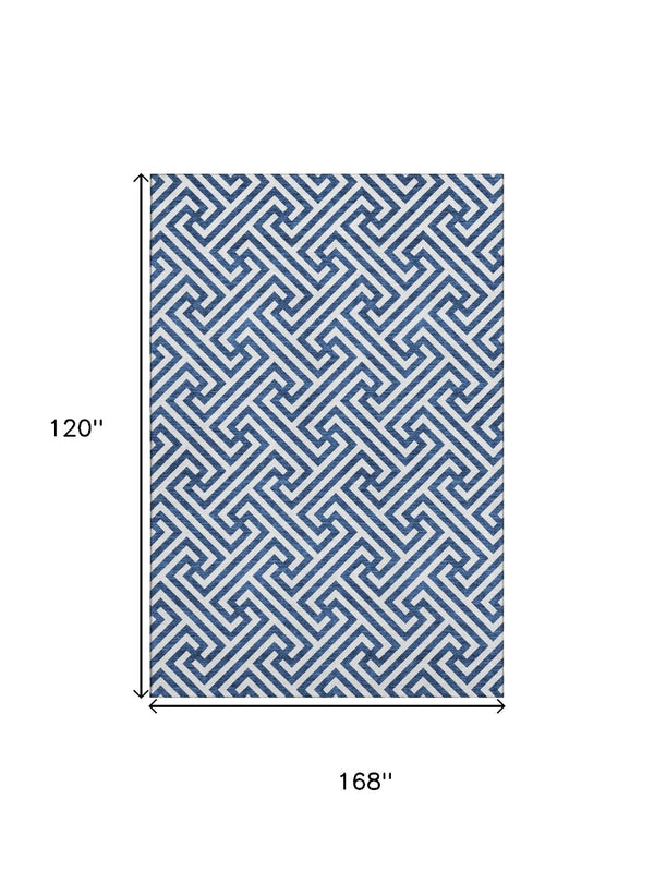 HomeRoots 10' Blue and Ivory Geometric Washable Area Rug – Durable, Stain Resistant, UV Protected for High Traffic Areas 661791