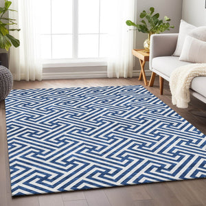 HomeRoots 10' Blue and Ivory Geometric Washable Area Rug – Durable, Stain Resistant, UV Protected for High Traffic Areas 661791