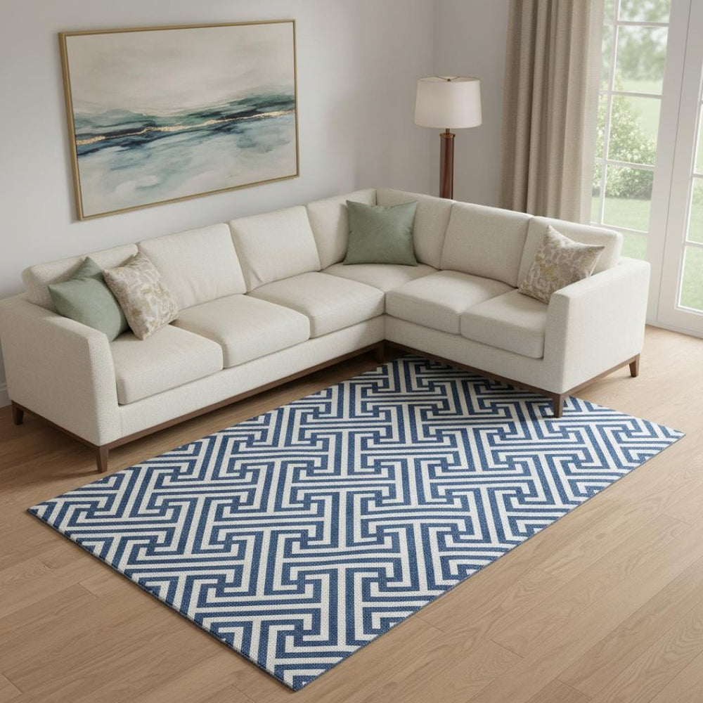 HomeRoots 10' Blue and Ivory Geometric Washable Area Rug – Durable, Stain Resistant, UV Protected for High Traffic Areas 661791