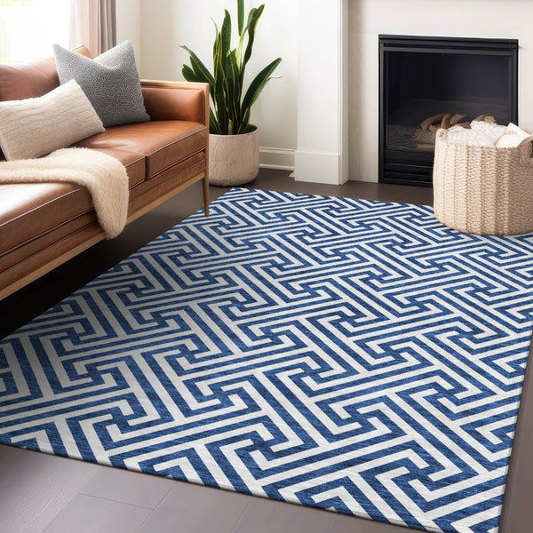 HomeRoots 10' Blue and Ivory Geometric Washable Area Rug – Durable, Stain Resistant, UV Protected for High Traffic Areas 661791