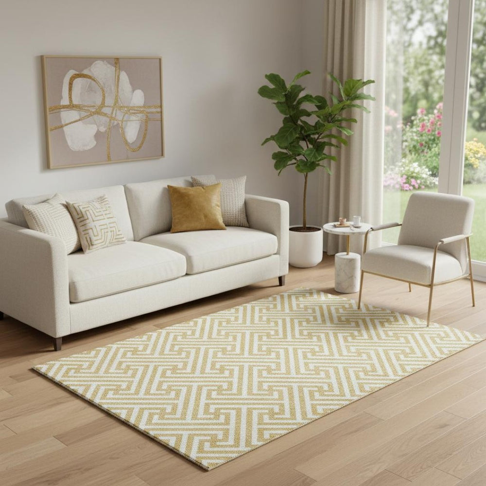 HomeRoots 5' Gold and Ivory Geometric Area Rug - Washable, UV Protected, Stylish for Living Rooms & More! 661799